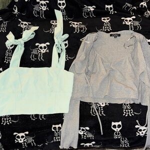 🧚🏼Light Mint Tie-Shoulder Crop Top & Gray Ribbed Wrap Cardigan Set